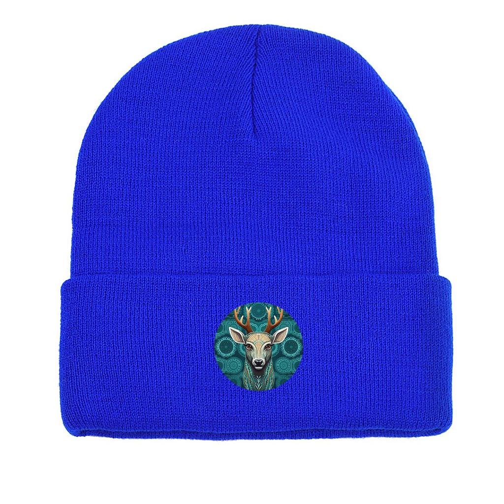 Mystery Elk Print Knit Hat Beanie, Green Animal Skull Cap Cozy Lightweight Unisex Pompom Beanies Knitted Cap Beanie