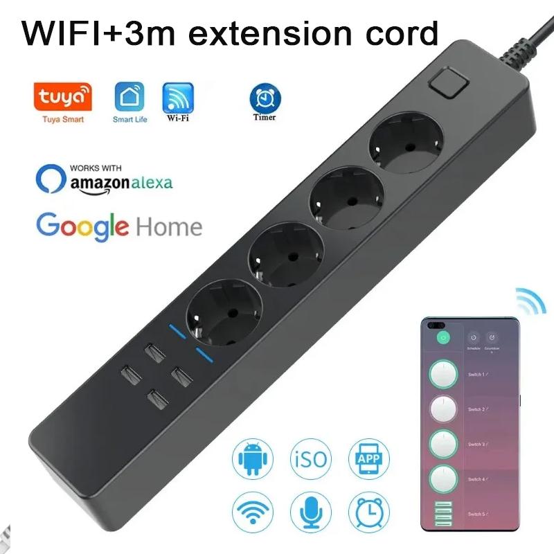 Умная Wi-Fi удлинитель с 4 розетками переменного тока + 4 USB, EU вилка, Переключатель-таймер, Розетка, Управление по времени, Bluetooth-управление, Многофункциональная розетка