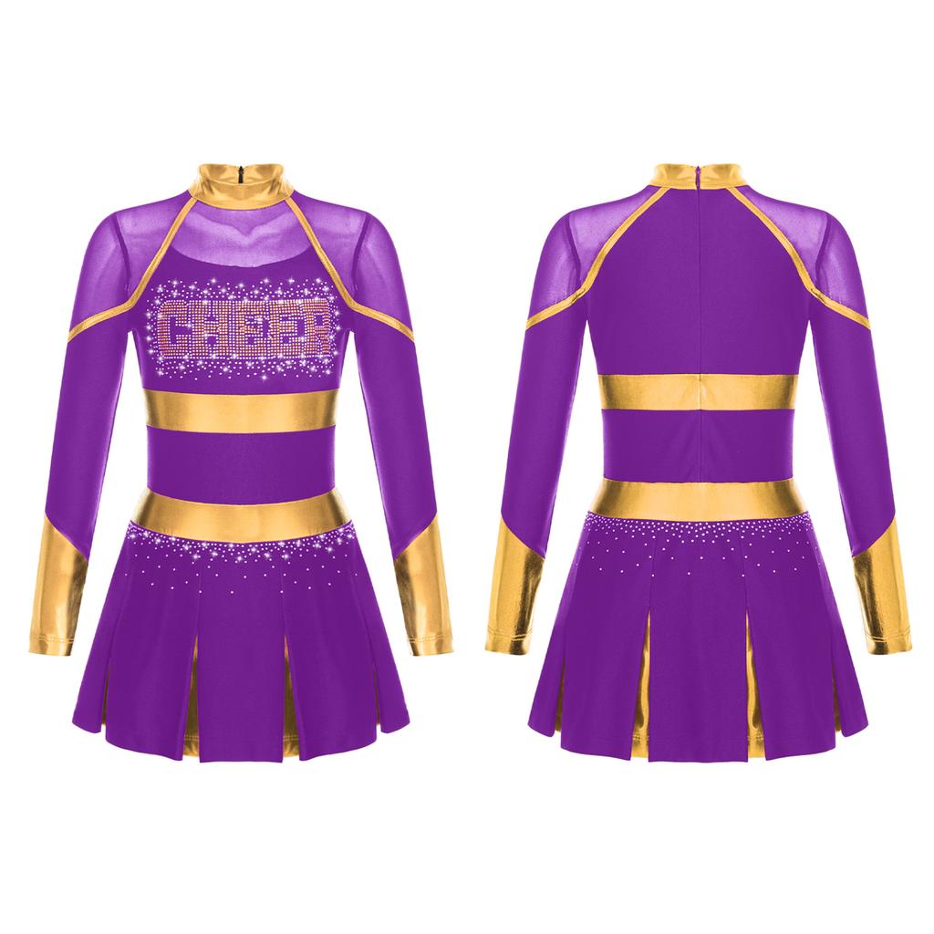 Kids Girls Cheerleading Dance Dress Letter Pattern Shiny Metallic Long Sleeve Pleated Dress