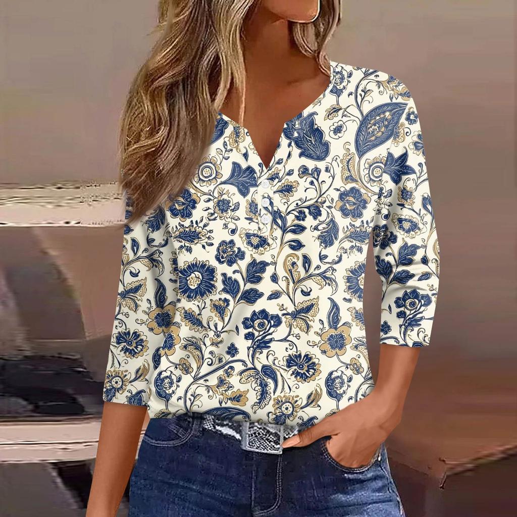 Women's T Shirt Print Button 3/4 Sleeve Daily Weekend Fashion Basic V- Neck Regular Top