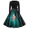 Womens Casual Vintage Halloween Print Dress Long Sleeve Round Neck Retro Fit Flared Skirt Midi Dress with Waist Tie for Autumn