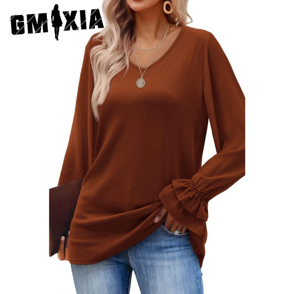 GMXIA Autumn Winter Horn Sleeve Long Sleeve Solid Color T-shirt Top for Women