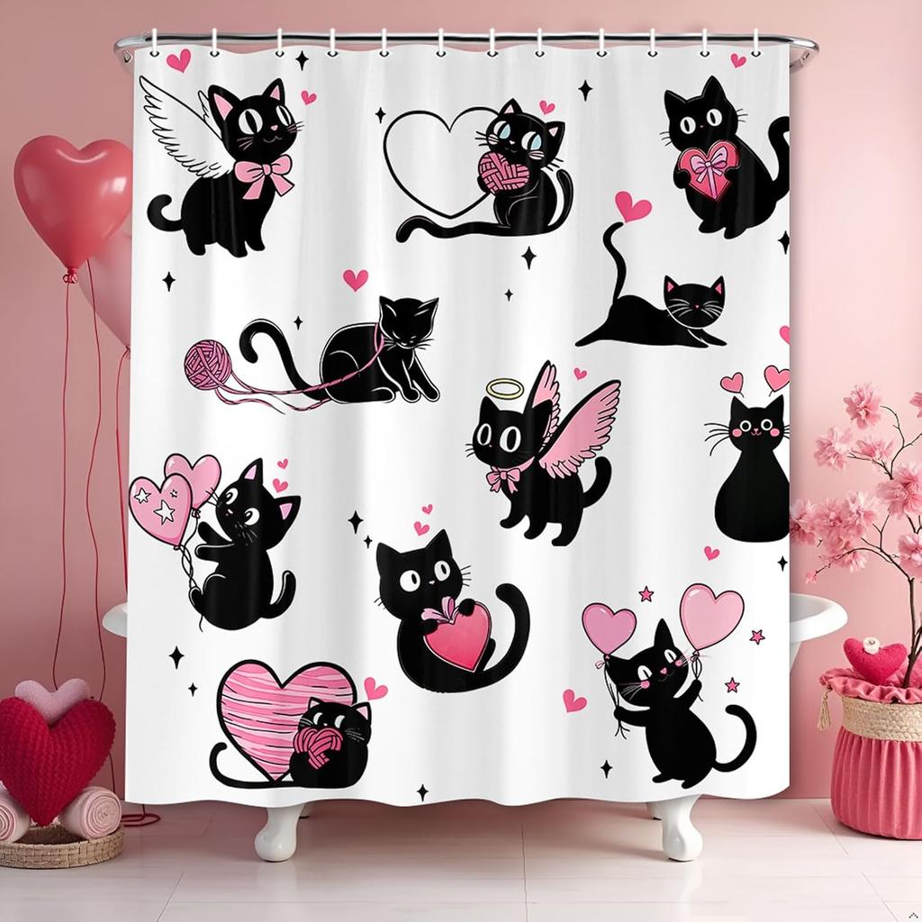 Valentine Cat Cute Hearts Shower Curtain, Romantic White Black Art Bathroom Decor with Hooks