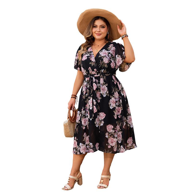 Платье больших размеров с V-образным вырезом, летние летние платья с развевающимися рукавами и цветочным принтом для женщин