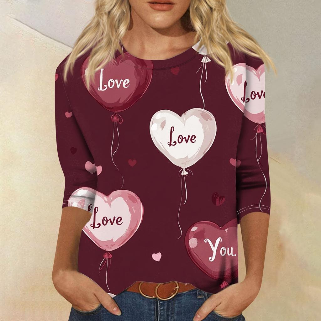 Футболка женская с рукавом 3/4, повседневная футболка с принтом ко Дню святого Валентина, джемпер с круглым вырезом