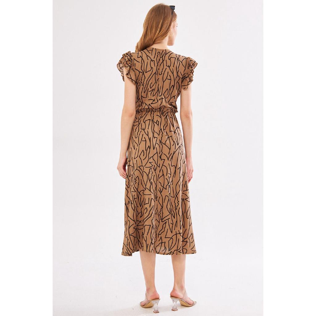 Женское бежевое платье-миди, двубортный воротник, рюши на плечах, эластичная резинка на талии, длина миди, рука-24y001020