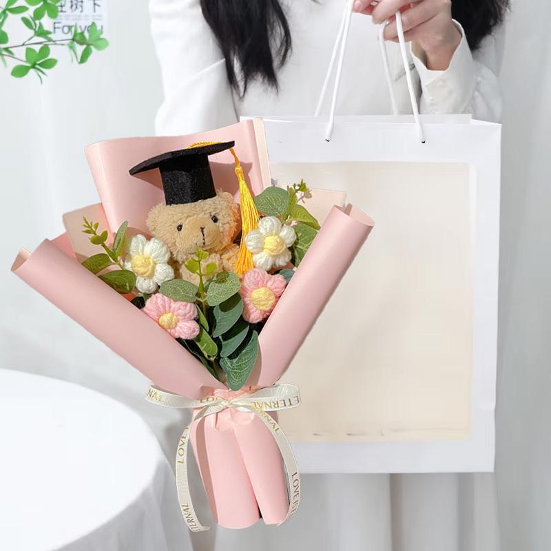 1Pc Party Decor DIY Plush Toy Mini Graduation Bouquet Student Gift Little Bear Knitted Sunflower Crochet Flower