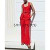 Autumn New Women suit French style Ol Casual With Belt round Neck Sleeveless Vest Mid Waist Flared Trousers