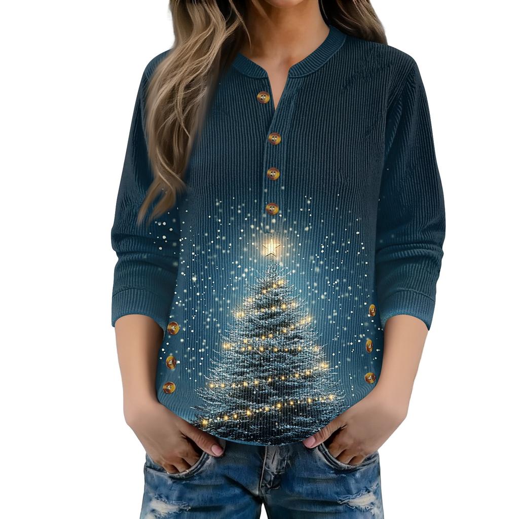 Women's Fashionable Button Collar Long-sleeved Christmas Print Pullover Top