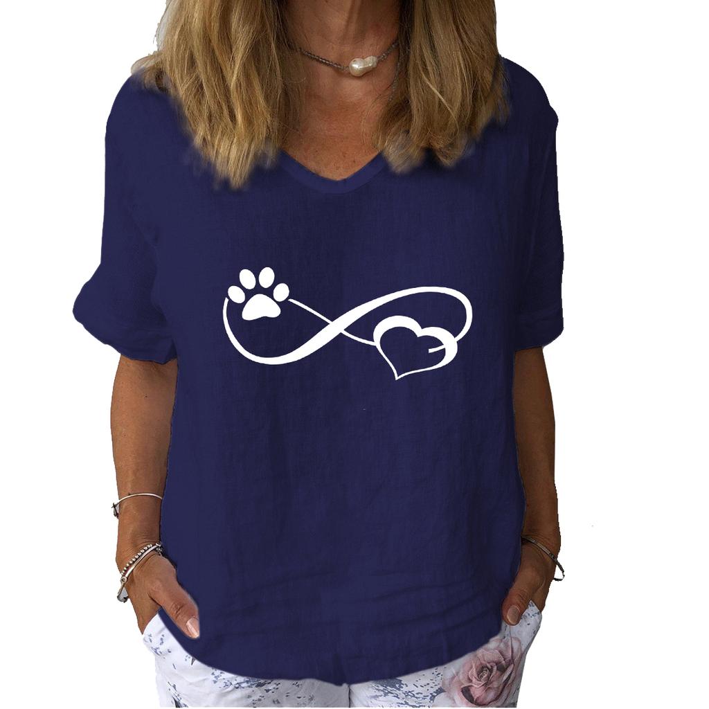 Women Fashion Cotton Linen T-shirt Casual V-neck Short Sleeve Top Ladies Print Tee Shirt