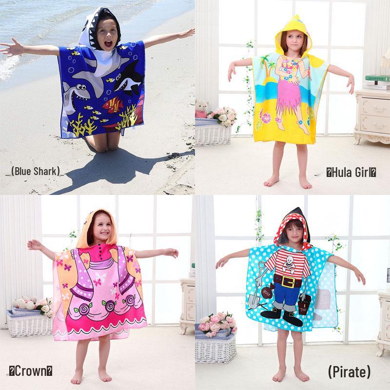 Ultra-Fine Fiber Cartoon Print Kids' Hooded Bath Towel Poncho
