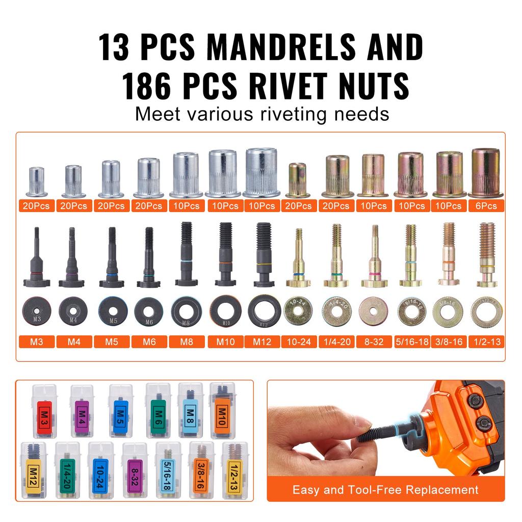 VEVOR Rivet Nut Tool, 40.6 cm Rivnut Tool Kit with 13PCS Metric and SAE Mandrels, 186PCS Rivet Nuts, M3, M4, 10-24, M5, M6, 1/4-20, 8-32, 5/16-18, M8