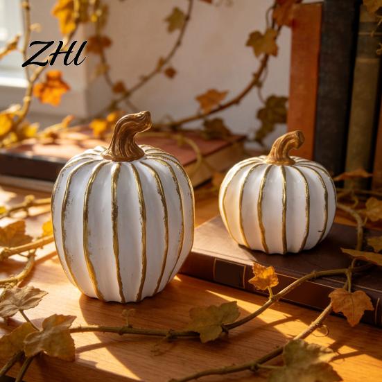 Halloween Display Props Fall Pumpkin Decor, White Gold Thanksgiving Decorative Pumpkin, Resin Pumpkins Holiday Gift for Home Figurine, Statues