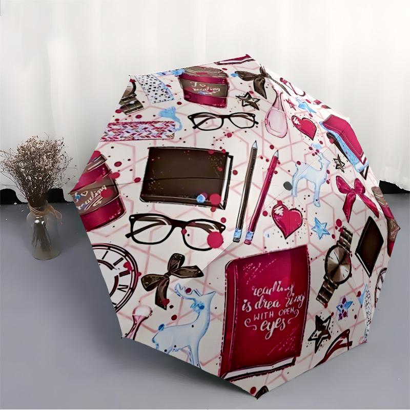1pc Book Print Automatic Opening/Closing Umbrella with Operation & Windproof Canopy yy260311021