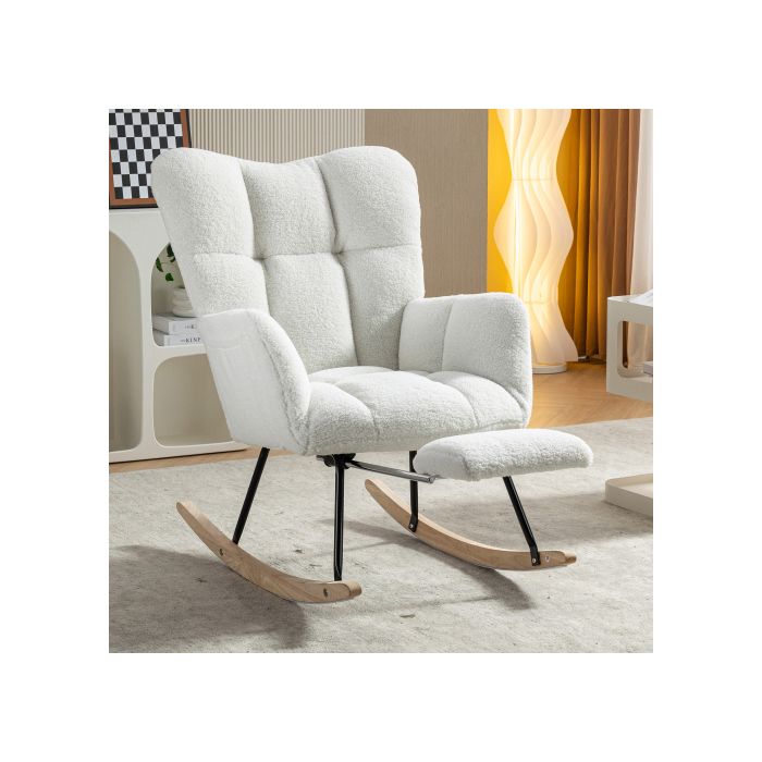 Fauteuil à bascule - MUVOE - Rembourré tissu Teddy - Blanc - Repose-pieds rangement - Balancelles bois & cadre métal