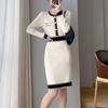 French Elegant Party Color Contrast Dress Women Vintage Slim Mid-length Knitted Dresses Female Korean Fashion Design Casual Clothes