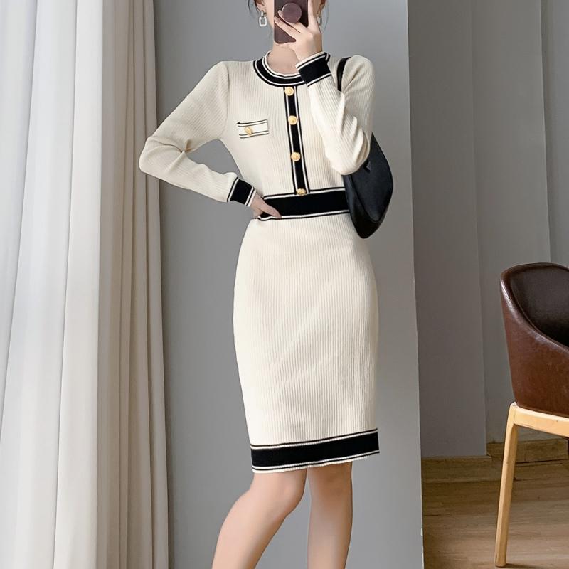 French Elegant Party Color Contrast Dress Women Vintage Slim Mid-length Knitted Dresses Female Korean Fashion Design Casual Clothes