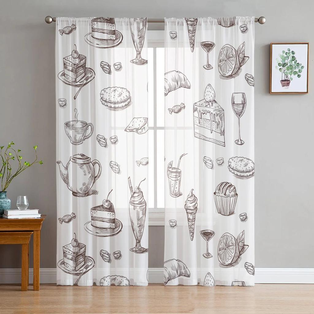 Afternoon Tea Cake Dessert White Window Curtain for Living Room Home Decor Tulle Voile Curtain for Kitchen Bedroom Window