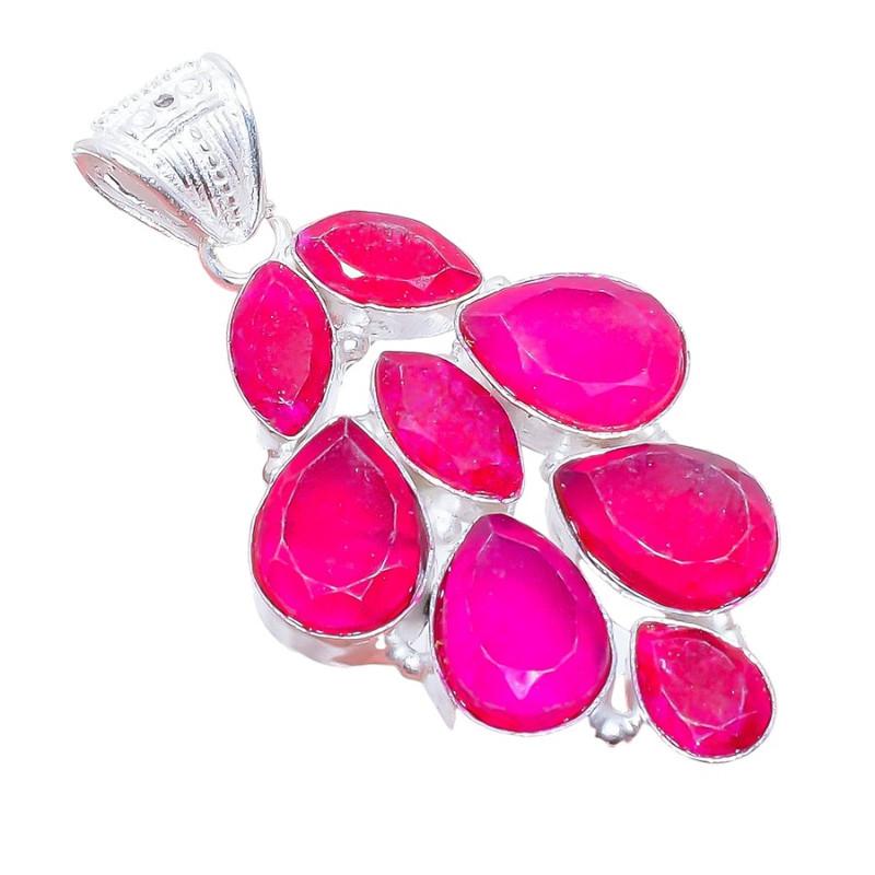 Faceted Ruby Gemstone 925 Sterling Silver Jewelry Pendant 2.2" AH-3406