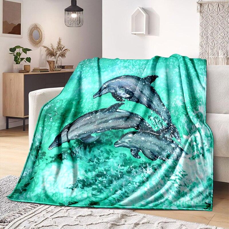 Underwater World Fish Dolphin Pattern Print Soft Flannel Blanket Sheet Sofa Office Air Conditioner Throw Blanket Gift