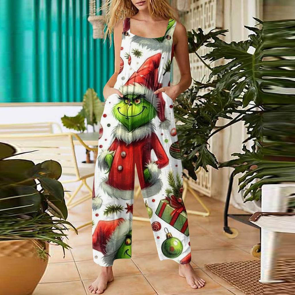 Women's Fashion Christmas Print Casual Retro Sleeveless Button Jumpsuit