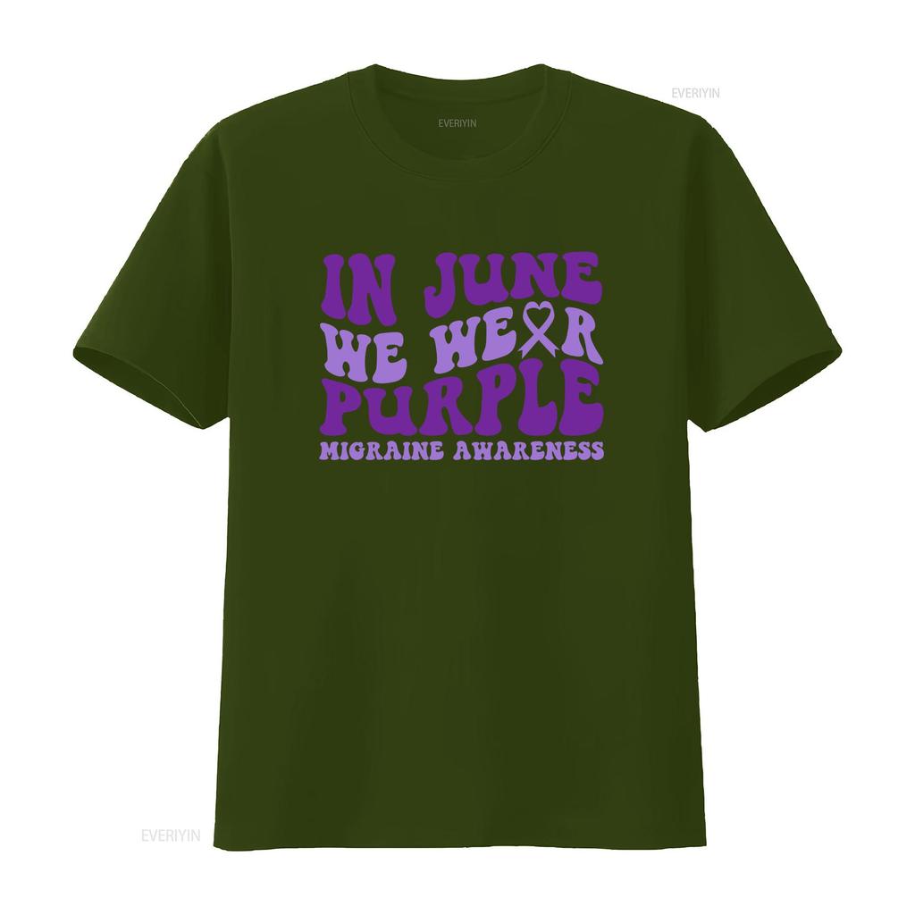 Retro Groovy Migraine Awareness In June We Wear Purple Ribbon Print Casual T Shirt Vintage Washed Top For Everyday Wear Unisex