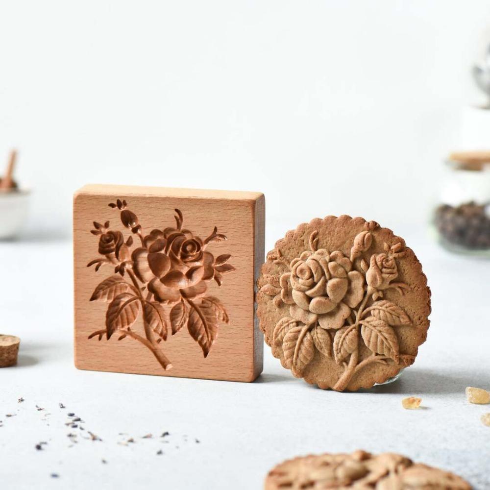 Wood Rose Cookie Mold Wooden Mold Biscuit Press Stamp Portable Household Wooden Moulds Restaurant