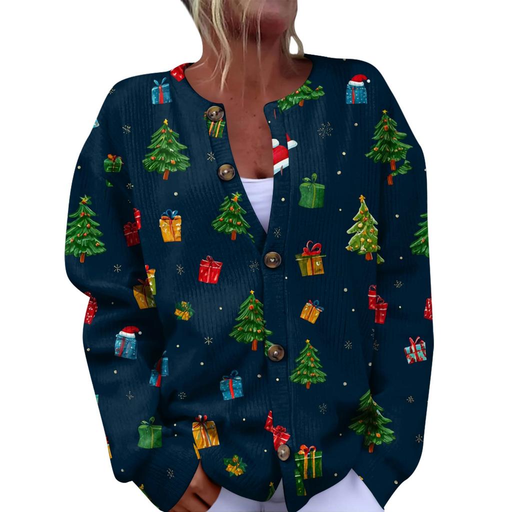 Women's Fashion Christmas Printed Long Sleeve Knitted Cardigan Button Down Jacket