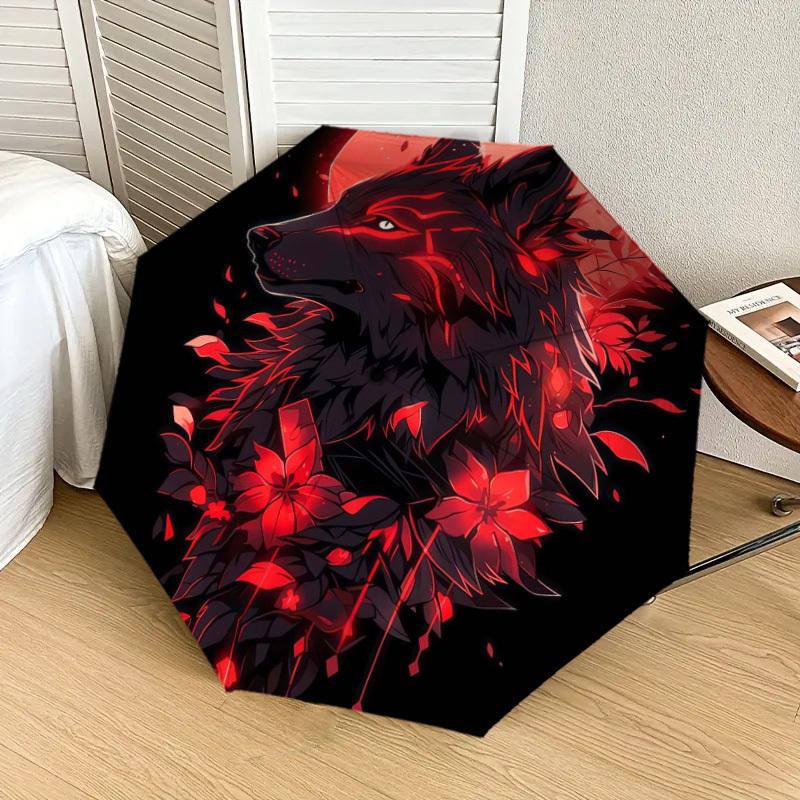 1pc Wolf with Red Flowers Umbrella with Plastic Handle,Suitable for All Seasons Home Travel Outdoor UmbrellaDD788