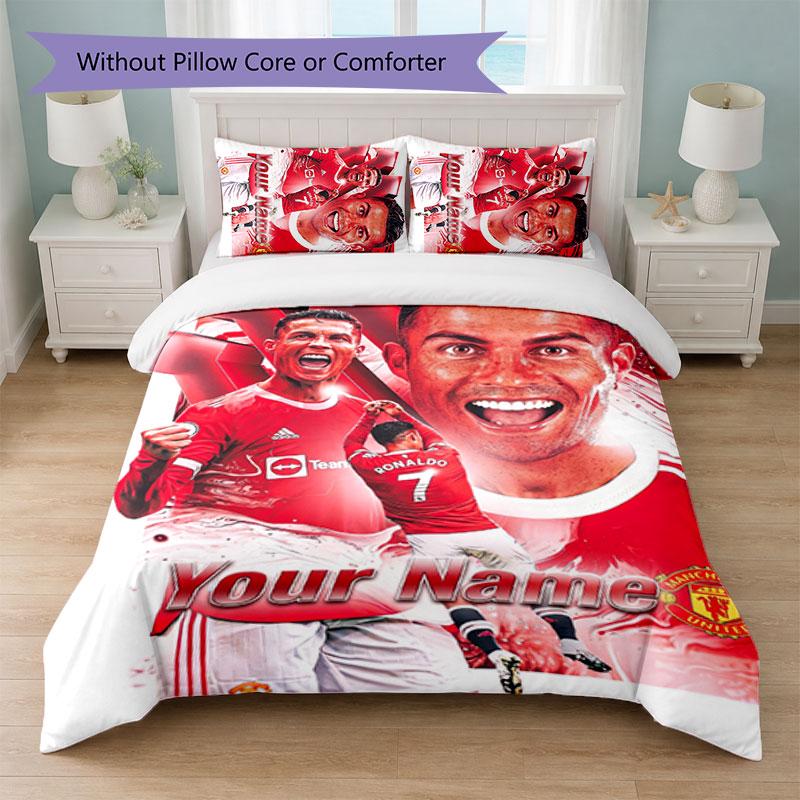 Cristiano Ronaldo Custom Name Text Bedding Set 1 Duvet Cover+2 Pillowcases Soccer Logo Personalized Gift For Special Occasion Bedroom Decor