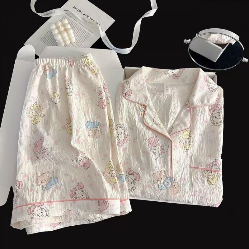 Cute Cartoon Dog Pajamas Set Short Sleeve Thin Cloud Cotton Young Women Students