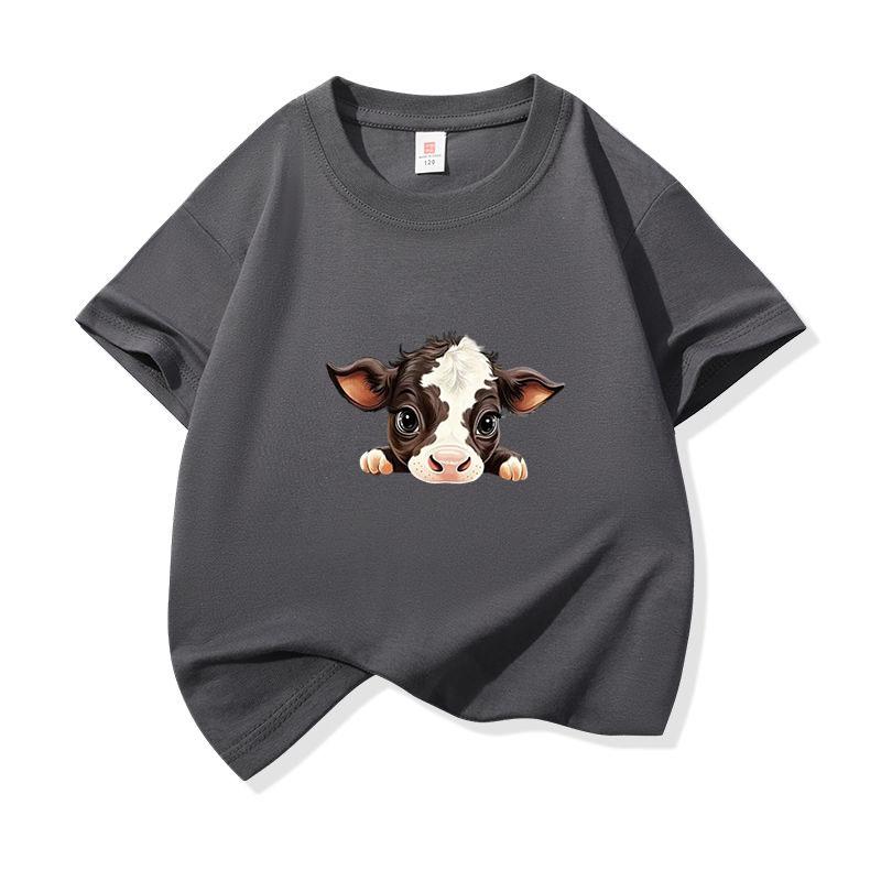 Kids Cotton T Shirt Dark Brown Baby Cow Peeking Print Crew Neck Short Sleeve Tee Casual Boys Girls Summer Tops