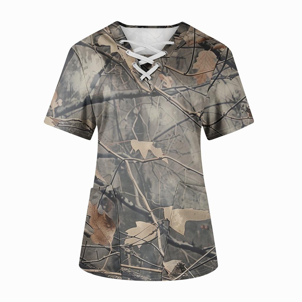 Плюс размерСкраб с принтом Рабочая форма Топы для женщин Крест V-образным вырезом Хэллоуин Принт с короткими рукавами Забавные футболки Спецодежда Футболка с карманами