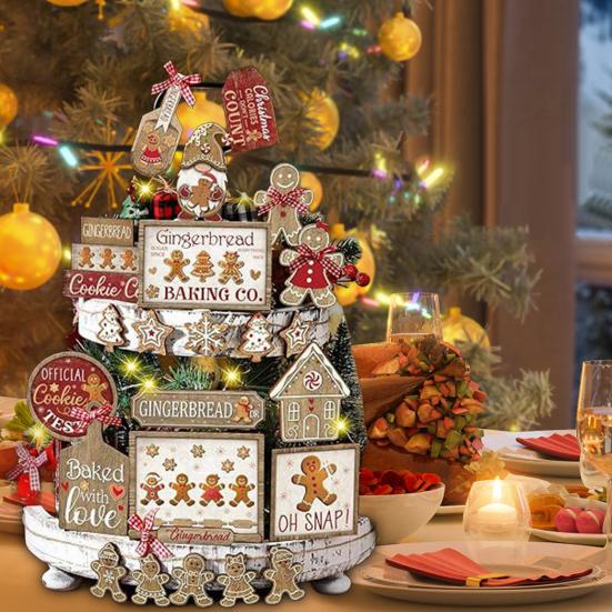 24 шт. Рождественский многоярусный поднос с украшениями из дерева, многоразовый пряничный человечек, декор в деревенском стиле