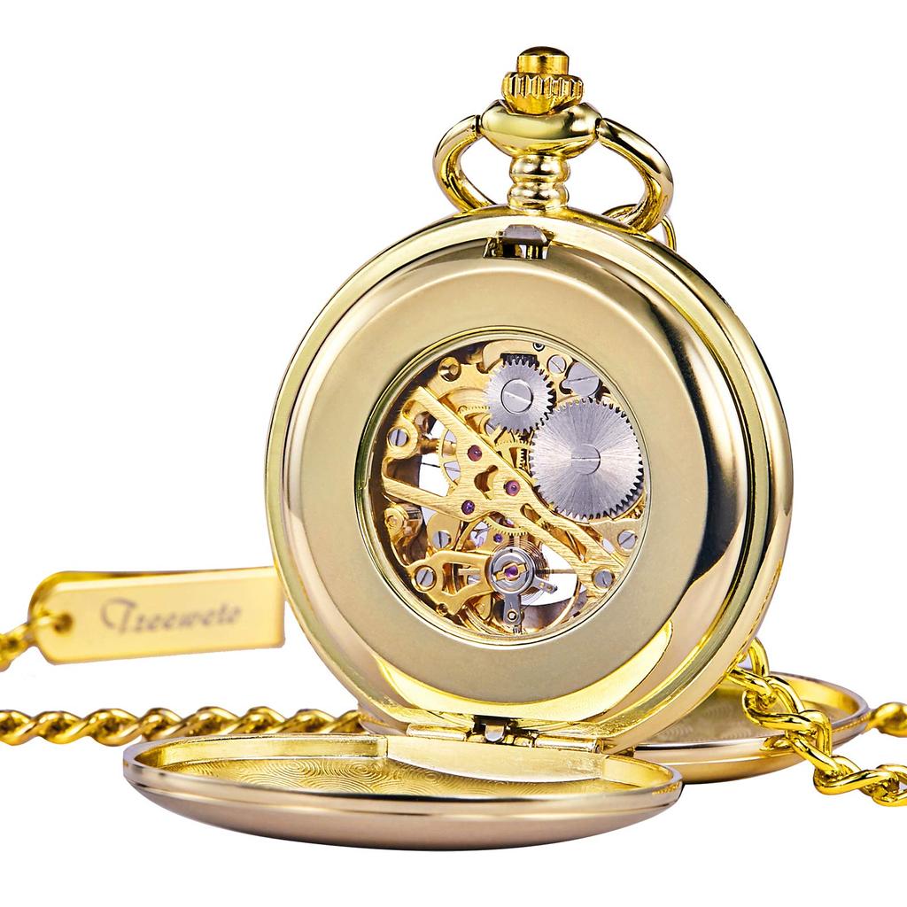 Механические карманные часы TREEWETO, старинные, с синим циферблатом, скелетонированные, с римскими цифрами, золотые, с двойной охотничьей крышкой на цепочке