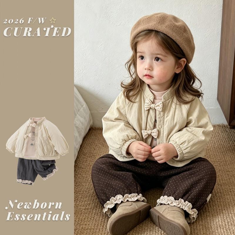 2026 Winter Baby Girl 3-Piece Warm Outfit Set: Quilted Jacket Fleece-Lined Top Thermal Pants 1-3 Years