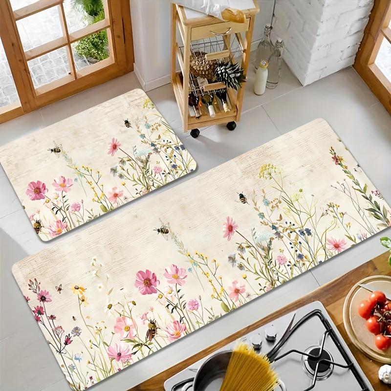 1 шт. анти-усталостные кухонные коврики, с цветочным и пчелиным принтом, водонепроницаемые нескользящие толстые мягкие кухонные коврики, прочные, удобные стоячие коврики для кухни