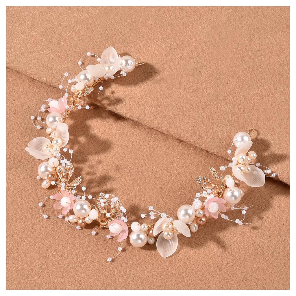 Bridal Handmade Luxurious Headband Knitting Gold Leaves Flower Pearls Gown Hair Vines for Bridesmaid Wedding Party Balls