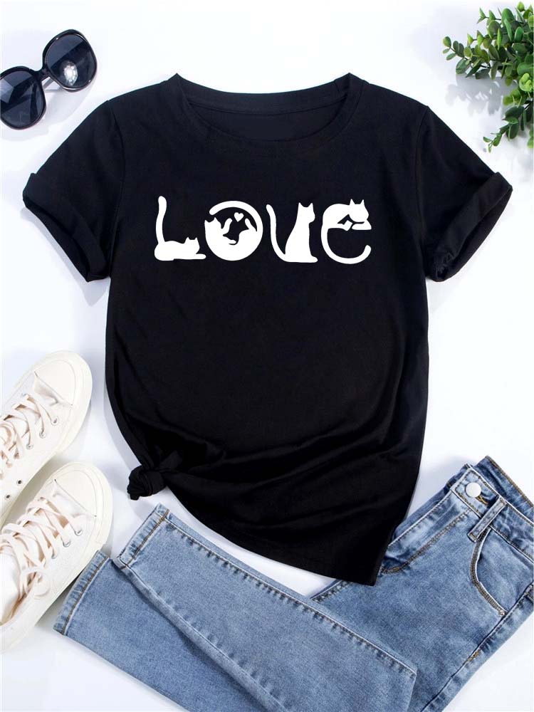 O Neck Tshirt Comfortable Cute Love Heart Cat Print Casual Short Sleeve Top Summer Women's Clothing Cartoon Streetwear