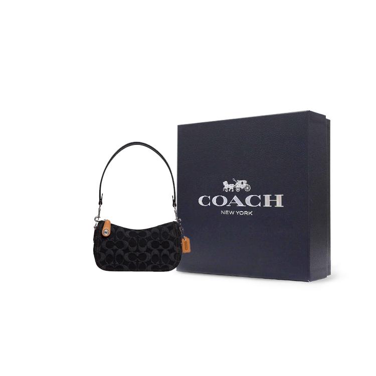 New COACH Swinger Jacquard Fabric With Cow Leather Patchwork Handbag Shoulder Bag Women's Black CF113-LHDRJ