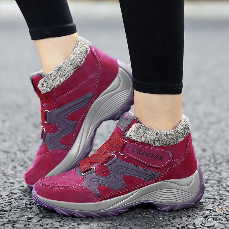 Зимние женские зимние сапоги, кожаные женские теплые толстые плюшевые зимние сапоги, водонепроницаемые женские замшевые ботинки на танкетке, нескользящая женская обувь