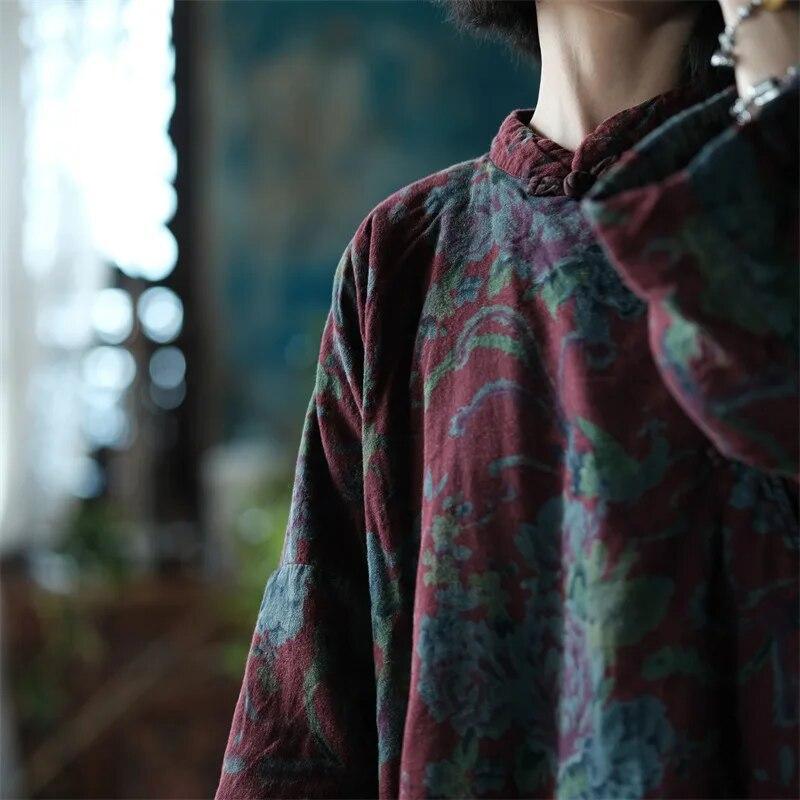 Johnature Women Vintage Cotton Linen Parkas Stand Long Sleeve Button Warm Plus Cotton Coats Winter Chinese Style Parkas