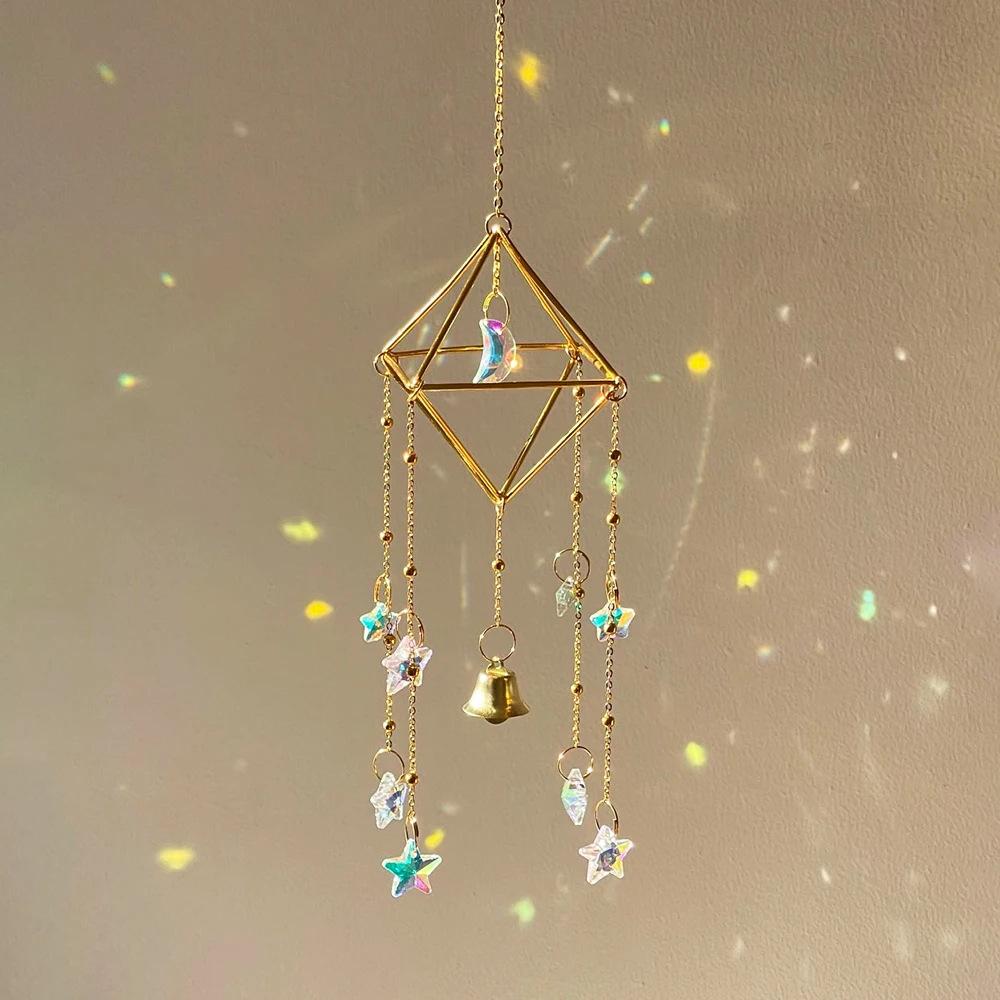 1 Pcs Moon Star Wind Bell Pendant Rainbow Prism Colorful Star Moon Dream Catcher Party Decor Hanging Wind Chime Outdoor Indoor