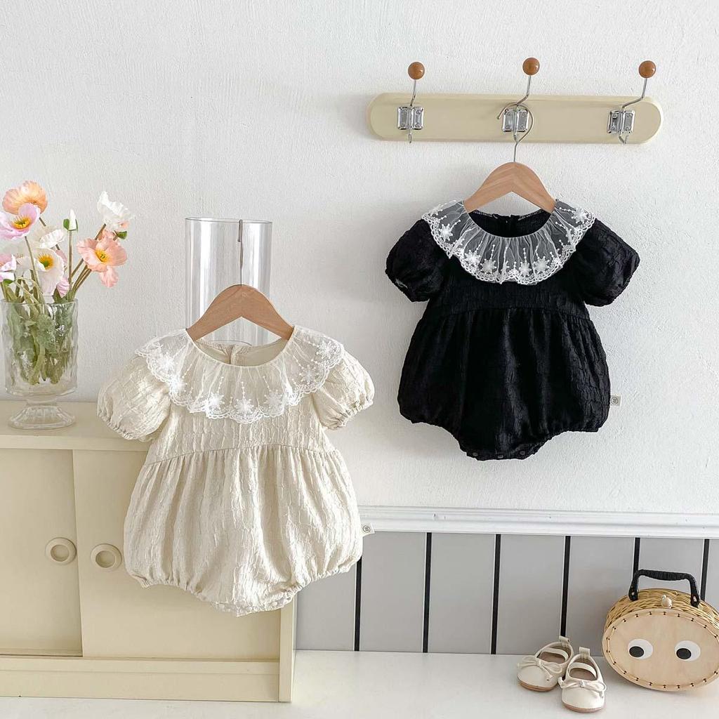 Korean Style Baby Girl Summer Romper with Lace Ruffle & Peter Pan Collar
