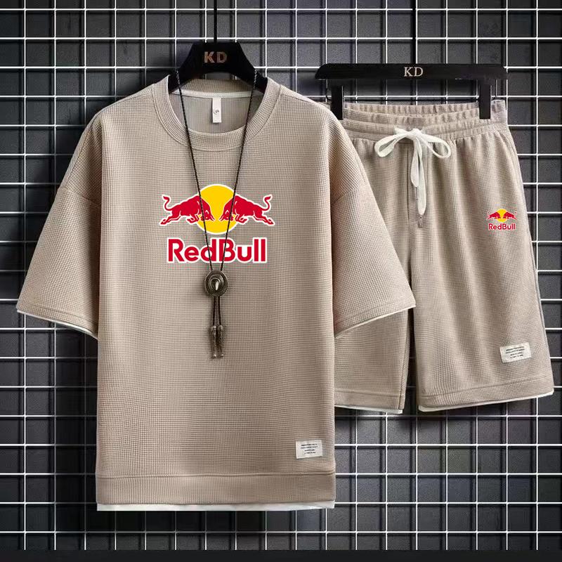 Мужской летний новый стиль 2026 года Вафельный комплект с коротким рукавом и шортами с принтом Red Bull