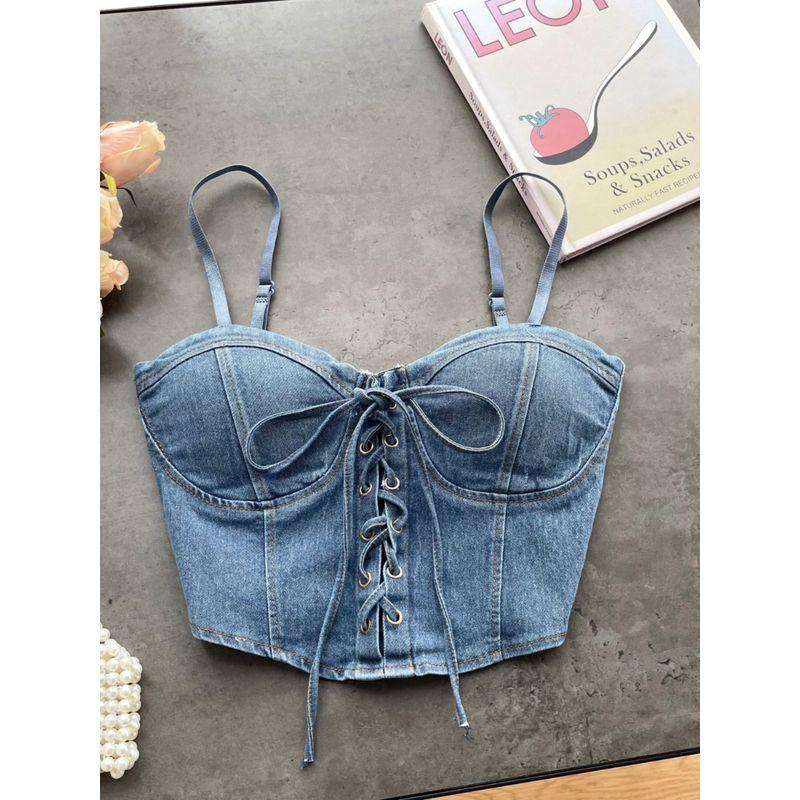 Pure Desire Sexy Denim Camisole Female Sexy with Breast Pad Slim-Fit All-Matching Short Beauty Back Chic Tied Top