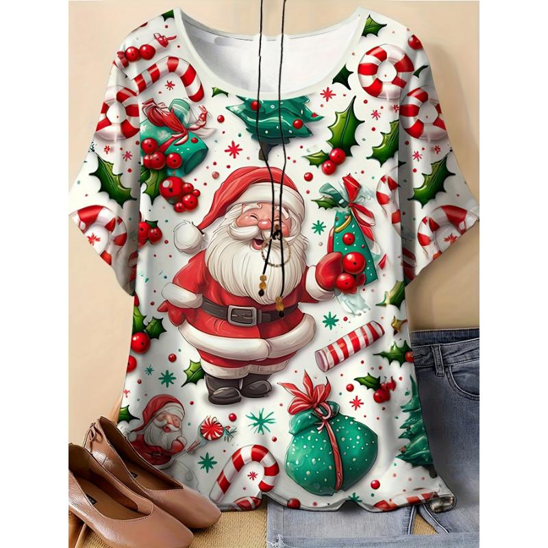 Women'S Santa Claus Print T-Shirt Breathable Round Neck Short Sleeve Summer Top with Candy Cane Snowflake Design Y2k Clothes Top