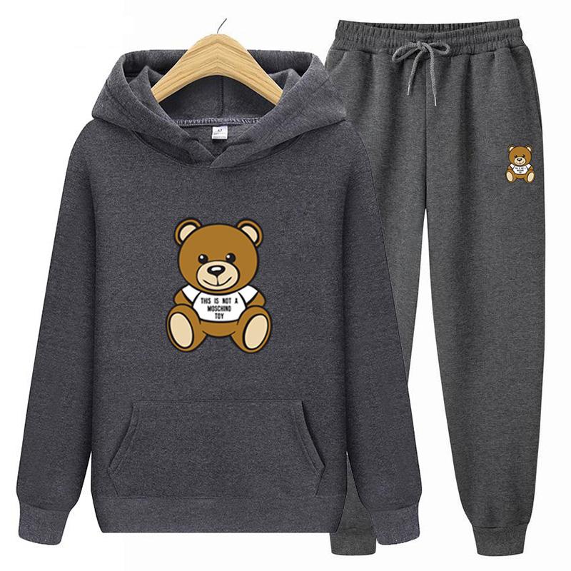 Новые осенне-зимние толстовки с принтом «Маленький медвежонок» + брюки для мужчин и женщин, повседневные толстовки с капюшоном, спортивная одежда, мужской флисовый костюм с капюшоном