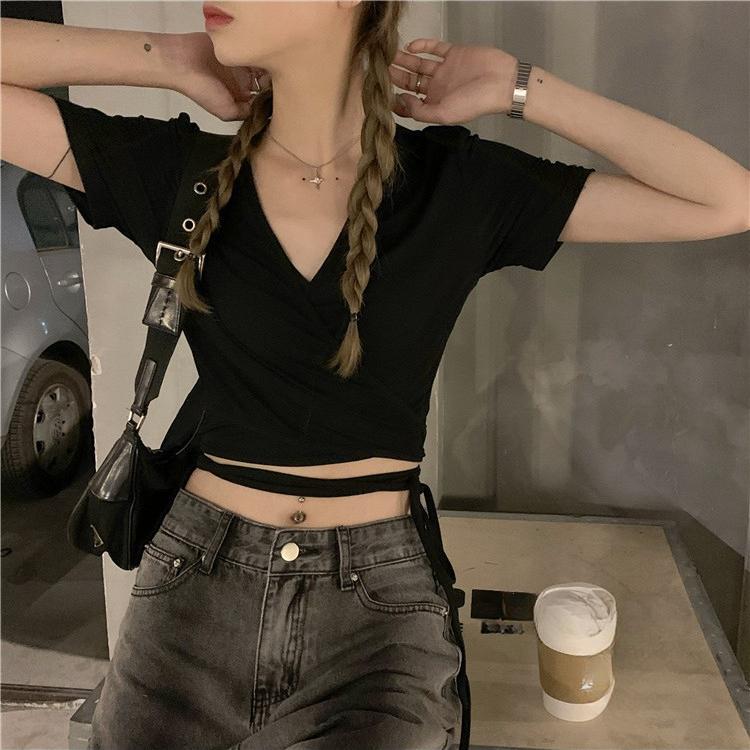 Летняя сексуальная футболка с V-образным вырезом, повседневная тонкая женская уличная одежда, футболки Harajuku с коротким рукавом для женщин, укороченные топы Y2k, винтажная одежда