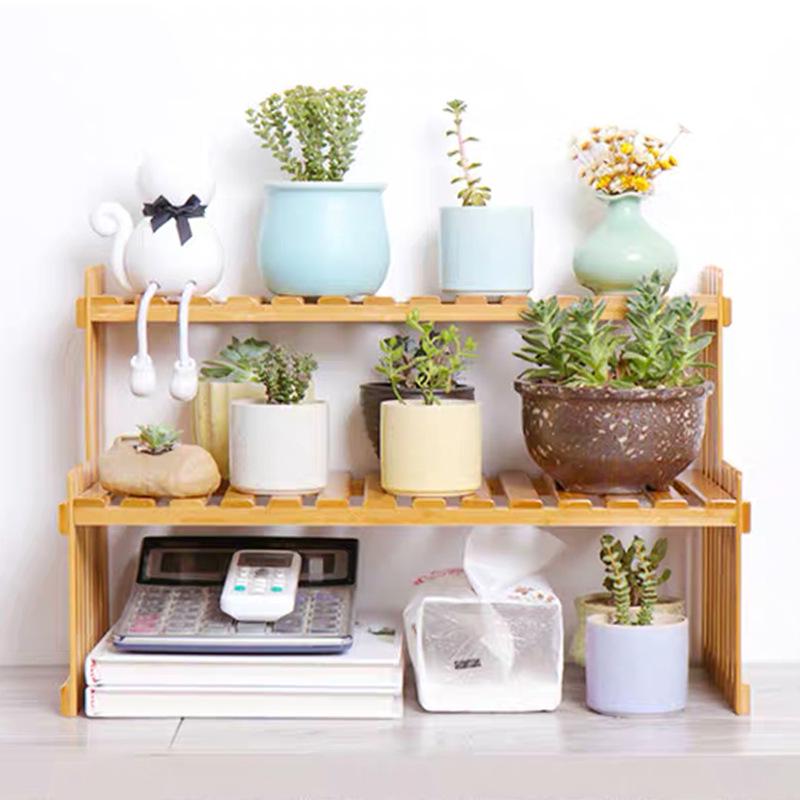Mini Bamboo Desktop Flower Stand for Office or Window Sill - Wooden Potted Plant and Storage Rack.